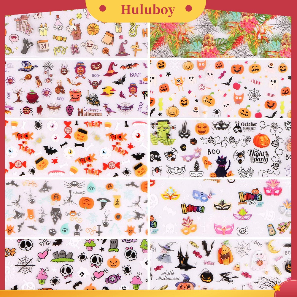 Huluboy Huluboy♡ 10 Lembar Stiker Kuku Foil Transfer Motif Halloween Untuk Dekorasi Manicure