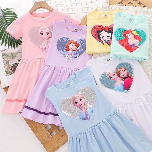 Forzen Dress Anak Perempuan Elsa Lengan Pendek Katun Disney Motif Kartun Karakter Import