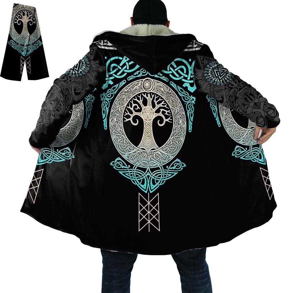 Thick Warm Hooded Cloak for Men Tattoo Symbol Viking Armor Overcoat Coat 3D Print  Windproof Fleece