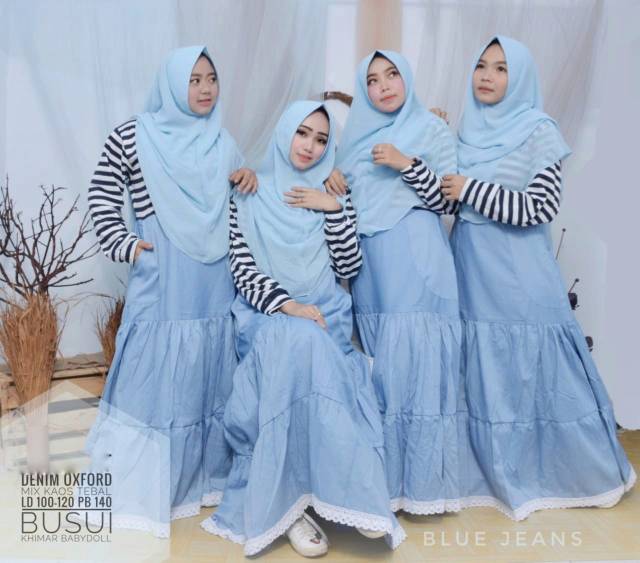 SET GAMIS SYARI BAJU MUSLIMAH SIMPLE DENIM OXFORD JEANS REMAJA CANTIK KHIMAR CERUTY PET ANTEM JUMBO