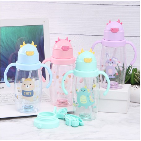 Botol Minum Anak Lighting Motif / Karakter Sapi Dengan Lampu LED 2 In 1 Gagang + Tali 550ml B889