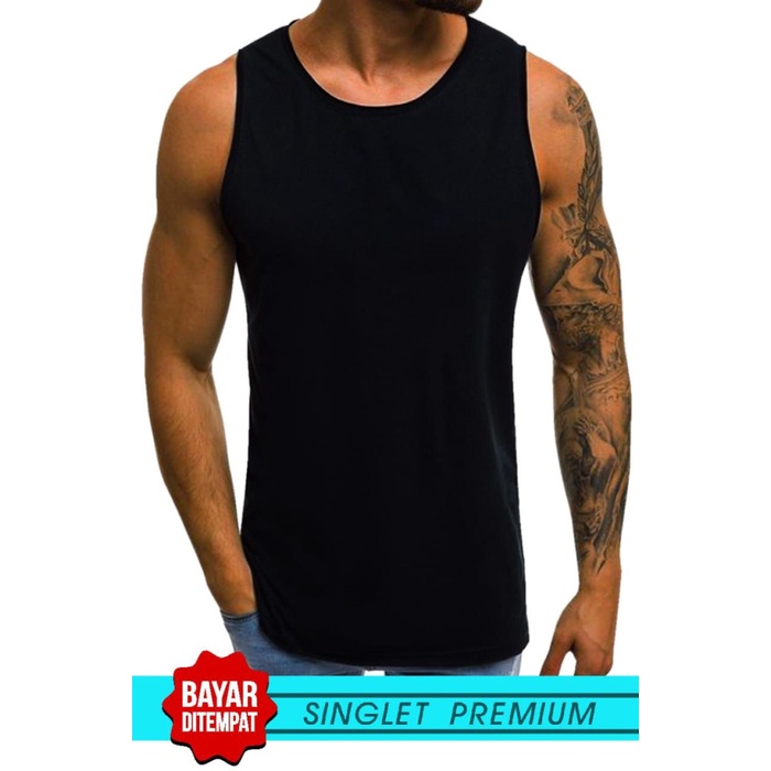 SINGLET LEKBONG PRIA (POLOS)/SINGLET GYM/LEKBONG GYM/KAOS DALAM PRIA - HITAM, M