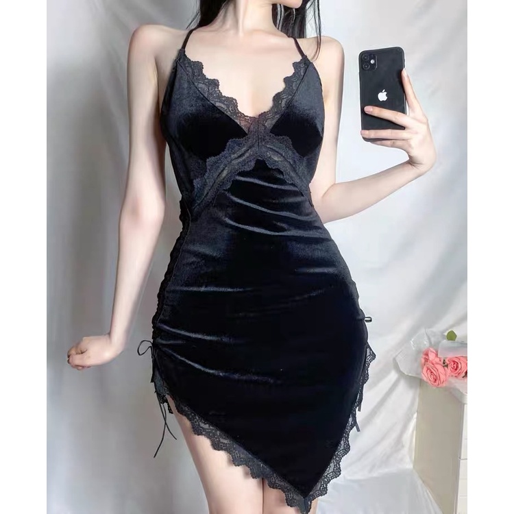 Set Lingerie Sexy Wanita Velvet Dress Baju Tidur Seksi Hot Dress Malam tali Celah Samping A532