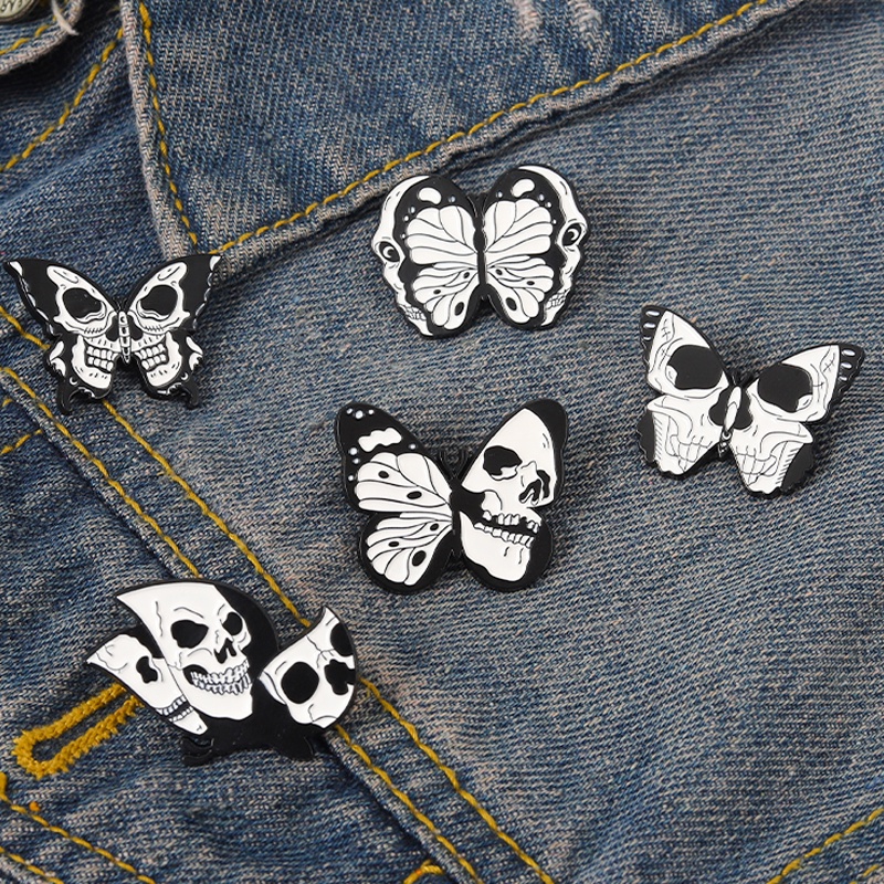 Bros Pin Enamel 5 Gaya Punk Bentuk Tengkorak Butterfly Untuk Hadiah Teman