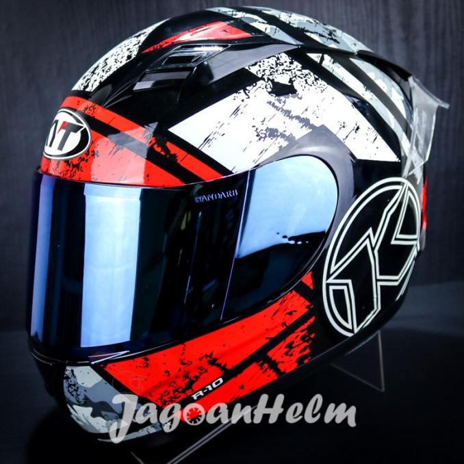 KYT HELM R10 #3++| BLACK WHITE RED FLO | +VISOR IRIDIUM +SPOILER R10