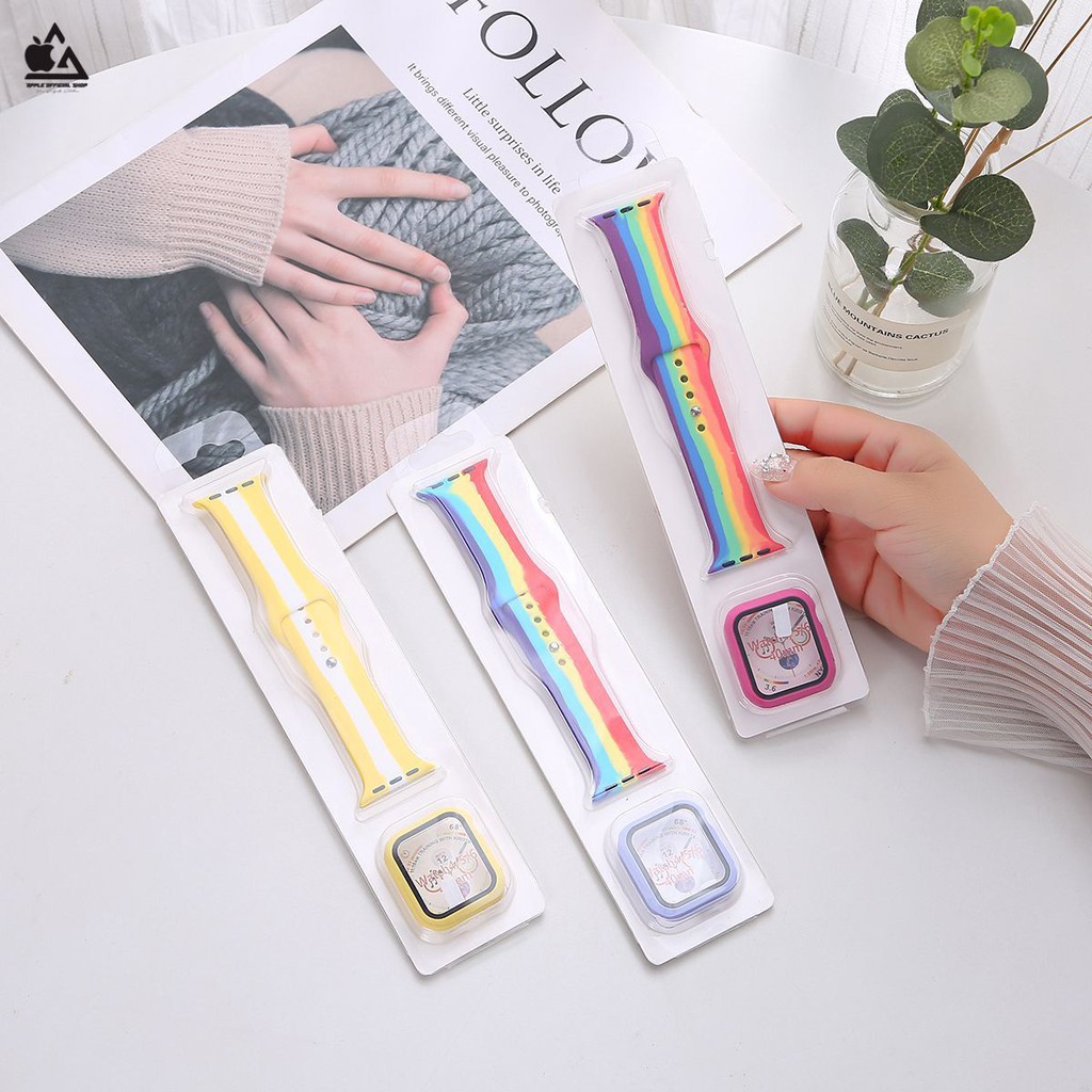 Tali Strap Apple Watch Rainbow + Tempered Glass Case 38mm 40mm 42mm 44mm Sport Band Strap iWatch Cover