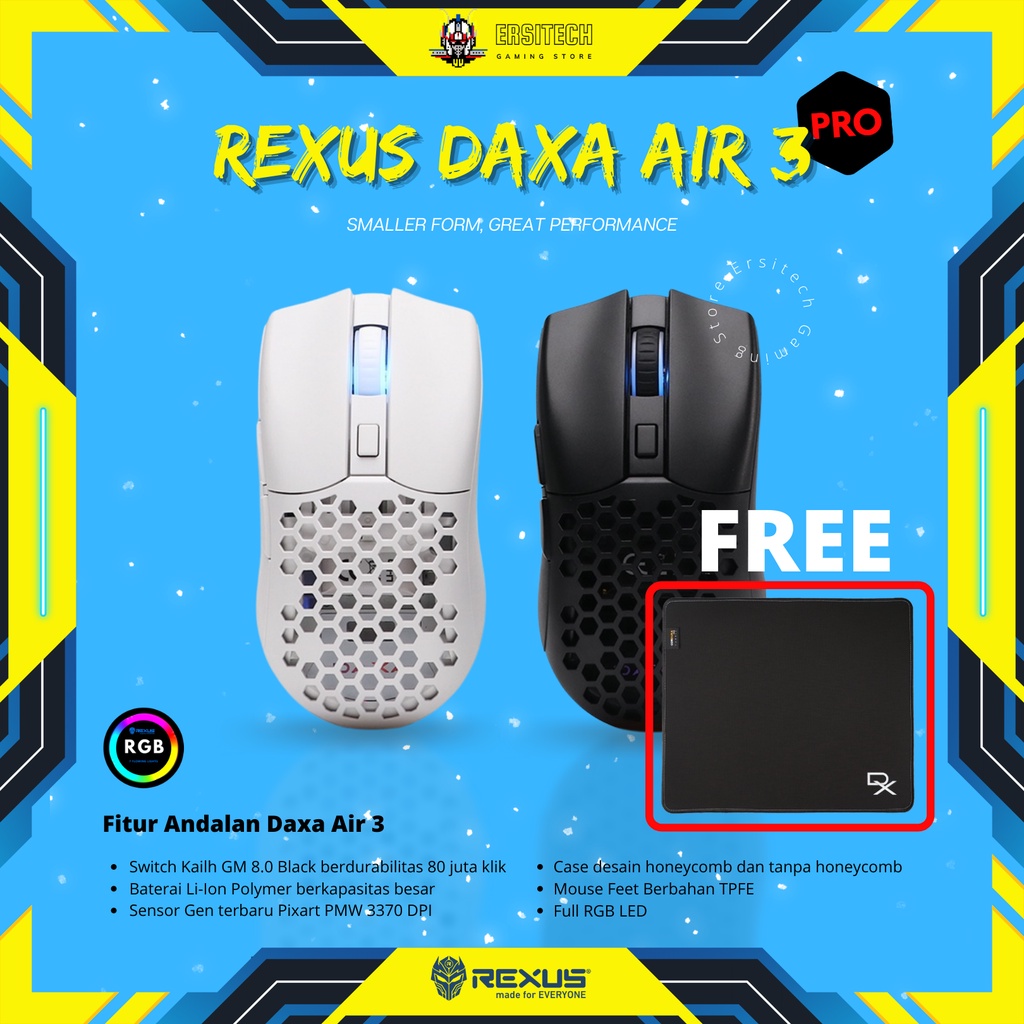 Rexus Mouse Wireless Gaming Daxa Air 3 Free Mouse Pad Gaming Cordura Size M - Mouse Gaming Wireless,
