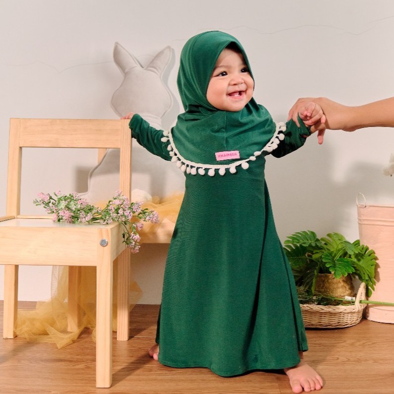 Baju Muslim Anak Perempuan Jersey Import Original Khaireen / Gamis Anak Pompom Cantik