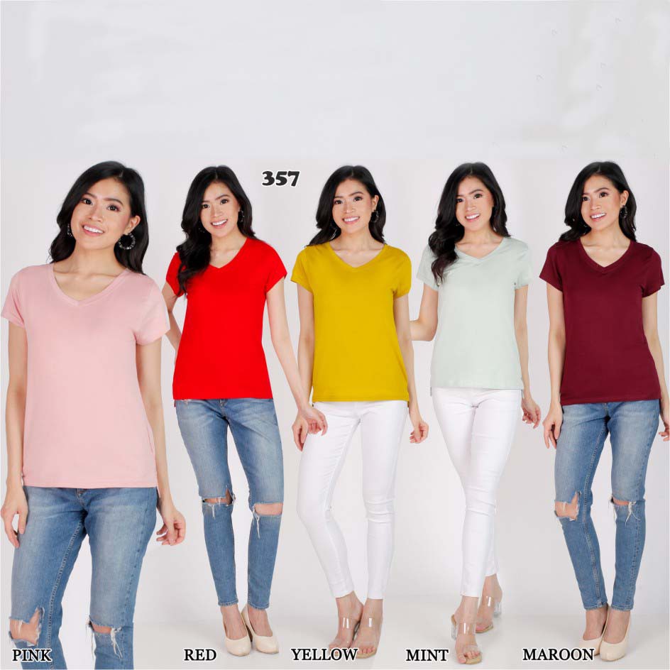 KAOS WANITA V NECK POLOS LENGAN PENDEK BAJU CEWEK/CEWE MURAH MODEL TERBARU /KEKINIAN ATASAN KERAH V