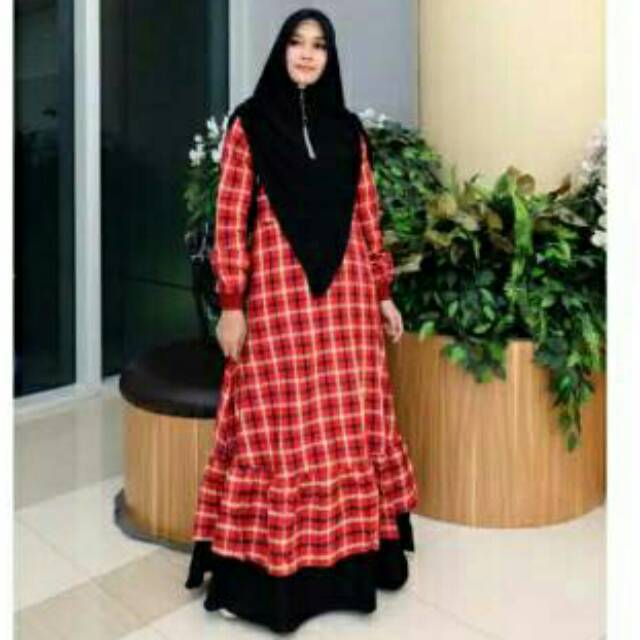 New bukan preloved gamis flanel freya dress by galeri namia merah hitam