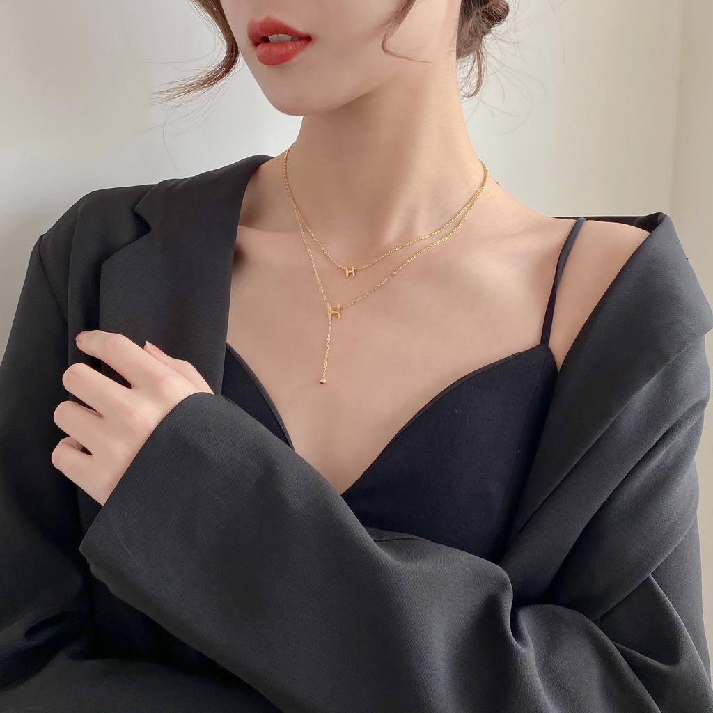 Kalung dua layer H Wanita Titanium korea style anti karat - ercassia