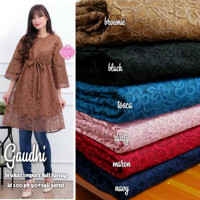 Atasan Blouse Gamis Dress Wanita Gaudhi Tunik Brukat Import Ld 100cm Tali Serut Long Tunik Broklat
