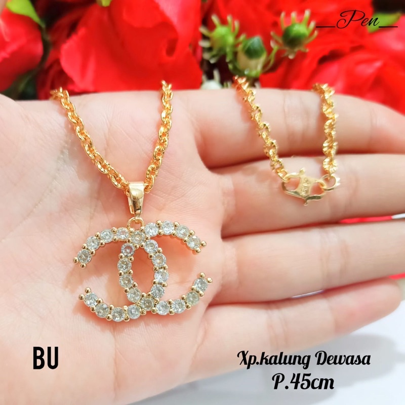 Kalung TITANIUM permata zircon brand logo Gold, tidak Karat *COD*