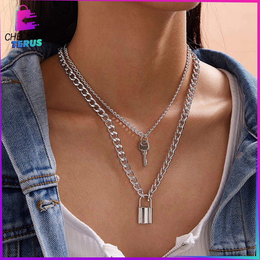 CT K57 K58 Korean Fashion Kalung Gembok Kunci Lock Key Wanita Pria Retro Kalung Rantai Wanita Lapis Emas Liontin Simple Unik