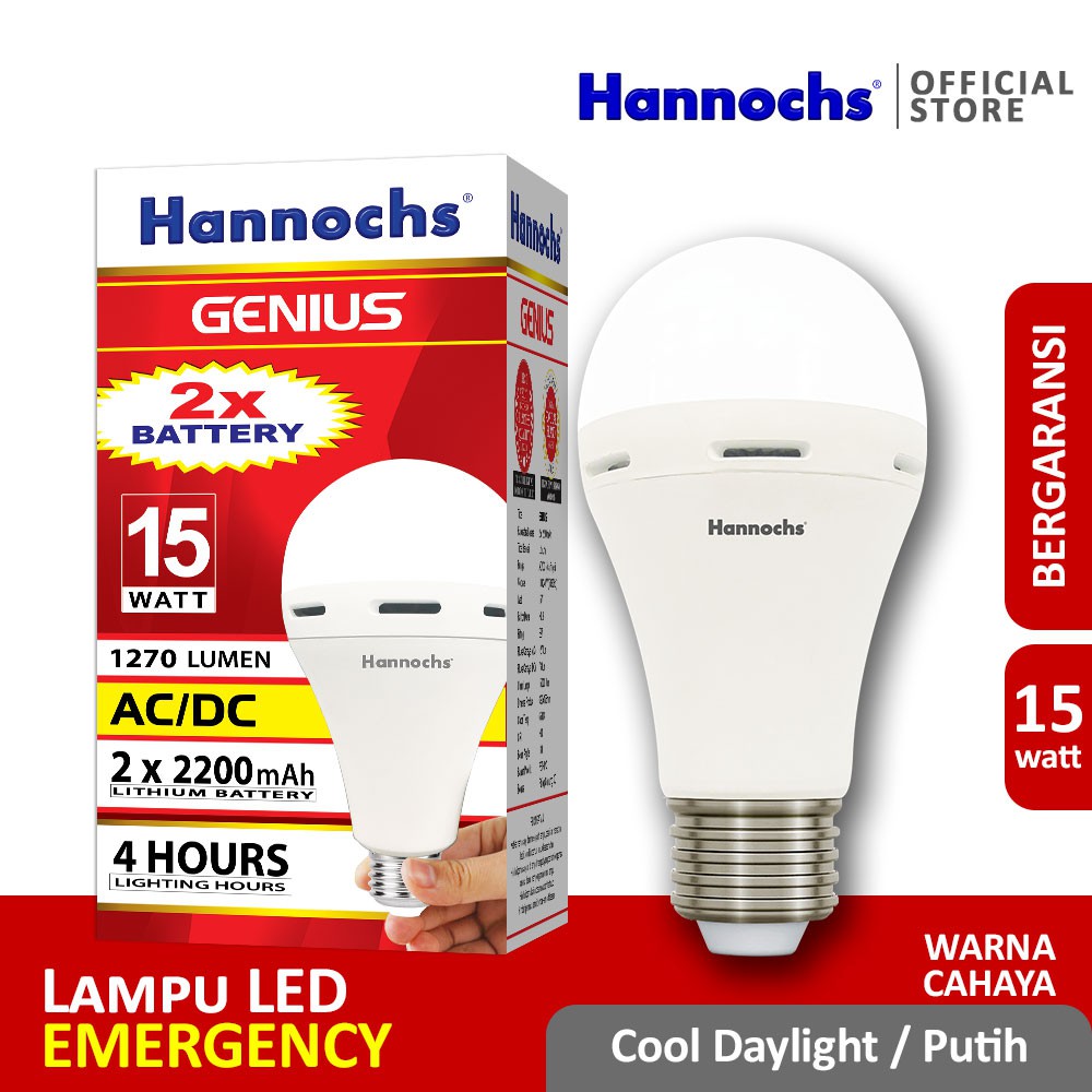 Hannochs Lampu Emergency Led AC/DC Genius 15 watt cahaya Putih