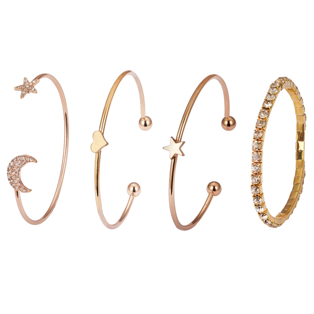 Hu Hu Hu Hu Hu Alat Bantu Pasang Kacamata♡ 4pcs / Set Gelang Bangle Desain Bulan Bintang Hati Aksen Berlian Imitasi Untuk Wanita