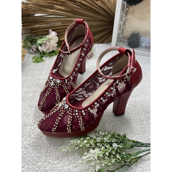 sepatu wedding shoes naira merah marron tali tinggi 10cm