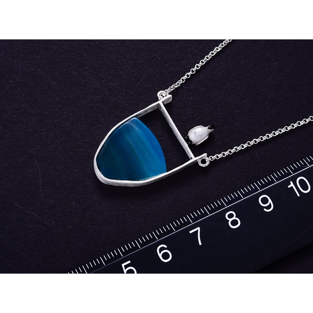 SERI SERI Kalung Wanita Perak 925 Asli Agate Penguin Sterling Silver Necklace Batu Biru