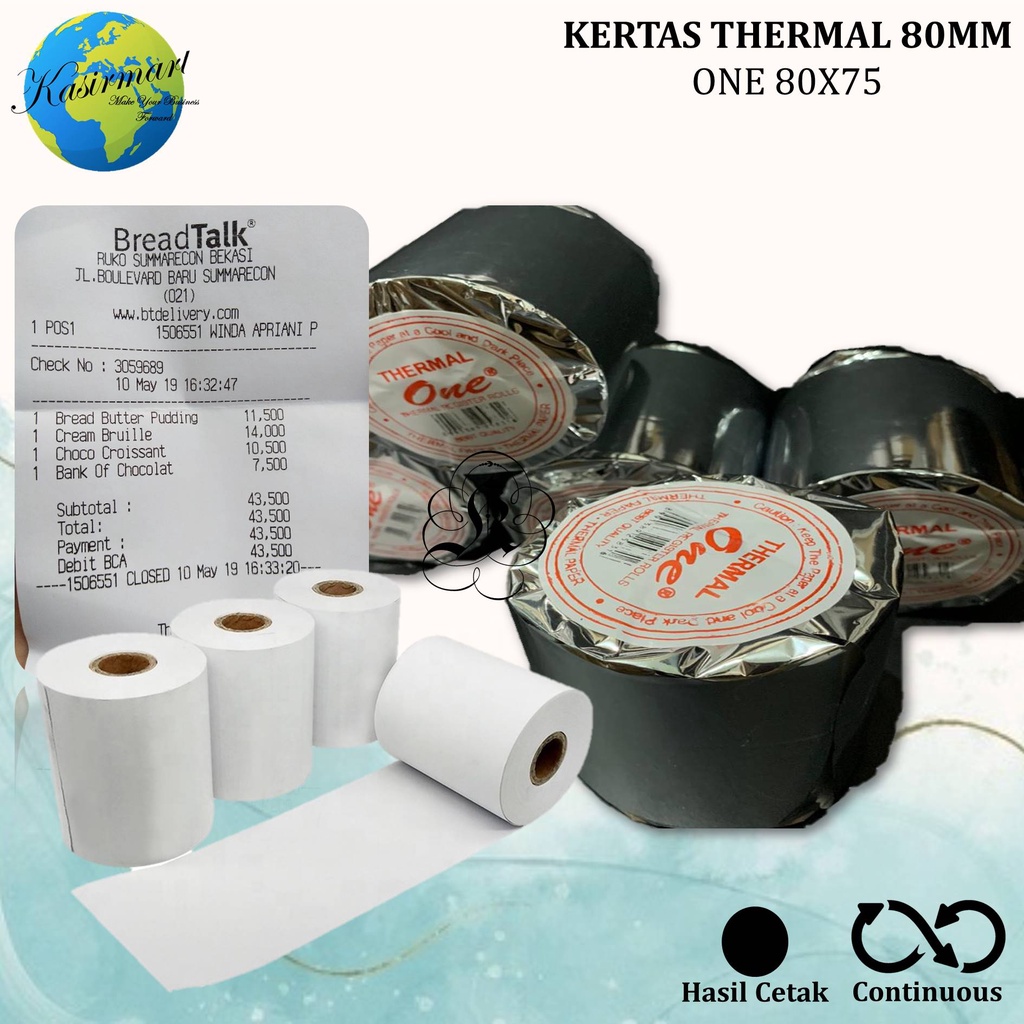 THERMAL ONE 80X80 KERTAS THERMAL PRINTER EPSON TM-T82 (80 X 65 M) DIAMETER 80 MM SPBU/INDOMARET