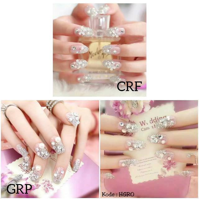 Wedding party fake nail Clear Rhinestone Flower kuku palsu 3D + LEM