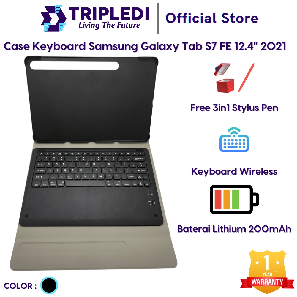 TRIPLEDI Case Keyboard Samsung Galaxy Tab S7 FE 5G 12.4 inch 2021 SM-T730 SM-T733 SM-T736B Keyboard Wireless Bluetooth Free Stylus Pen Flip Casing Leather Magnetic Buckle Folio Slim Book Cover Sarung Pelindung Tablet Android Protektif Shockproof-Hitam