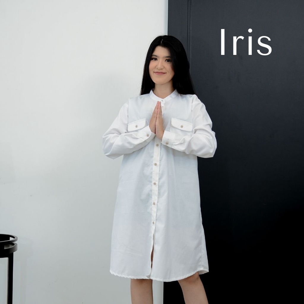 IRIS - ANNA DRESS WHITE putih atasan dress tunik wanita kemeja lengan panjang kancing dress katun