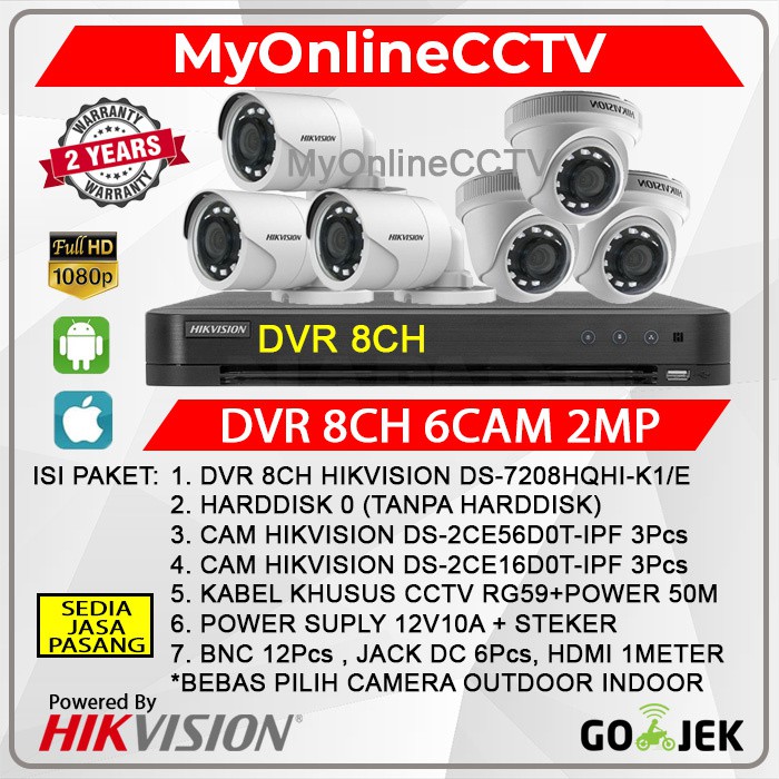 PAKET CCTV HIKVISION 6 KAMERA 2MP LENGKAP DVR 8 CHANNEL