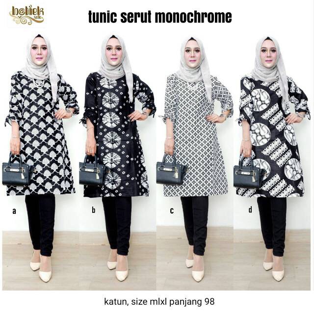 [ADA COUPLE JUMBO] Tunik Serut Monochrome Batik Midi Monokrom Batik Muslim Seragam Kerja Kantor