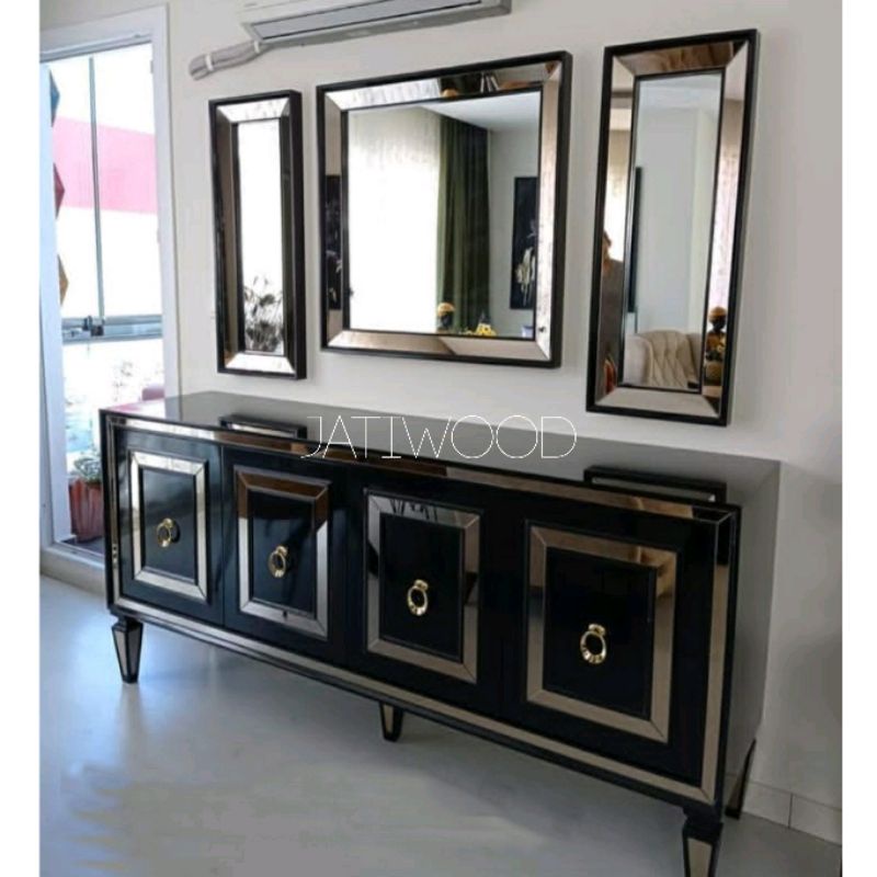 Meja buffet minimalis mewah list kaca + 3 pigura, nakas lemari cabinet 4 pintu modern