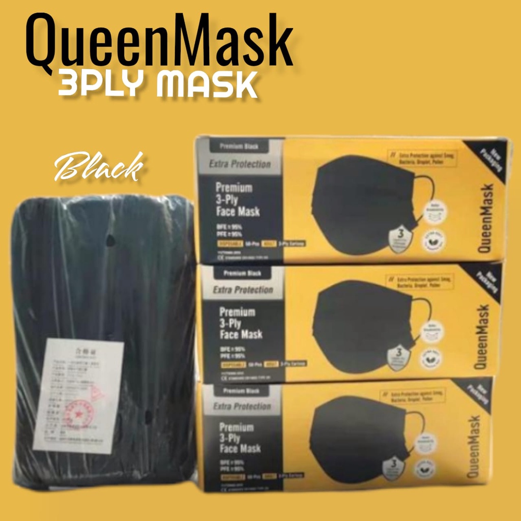 BLACK WHITE BLUE 3PLY QUEENMASK - MASKER 3PLY QUEEN MASK EARLOOP KEMENKES FACE MASK - HITAM / BLACK