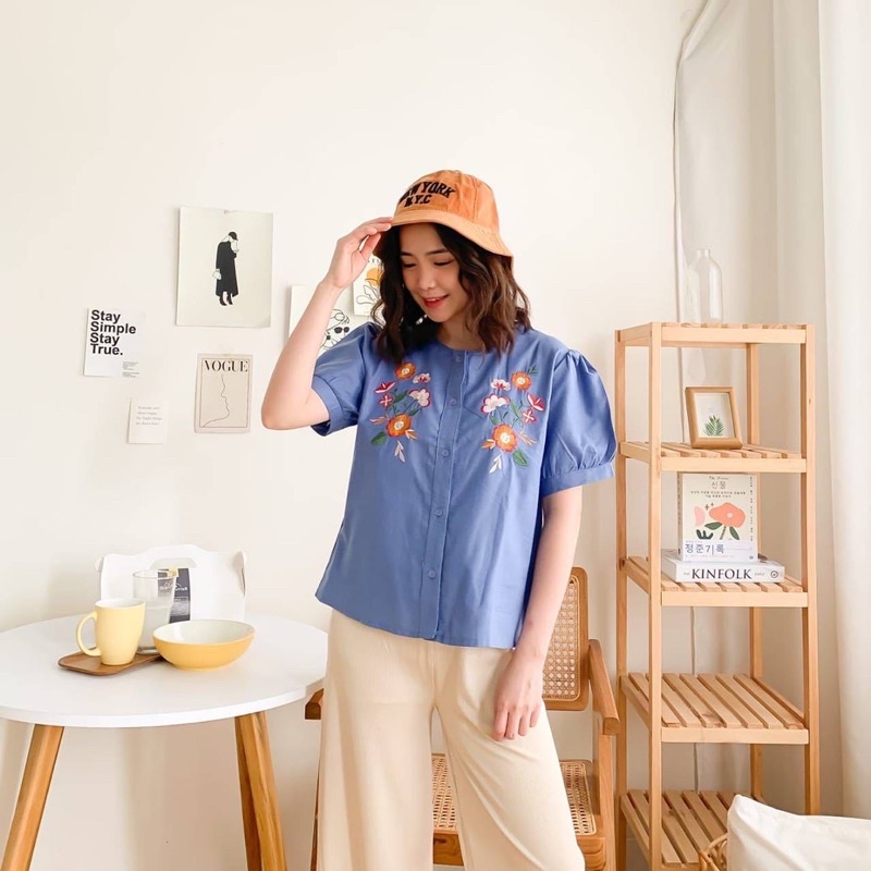 BEZZY TOP BAJU ATASAN BLOUSE WANITA LENGAN PENDEK BAHAN KATUN COTTON RAMI BUNGA DARK BLUE YELLOW TOSCA GREEN FUCHSIA SHOCKING PINK-5