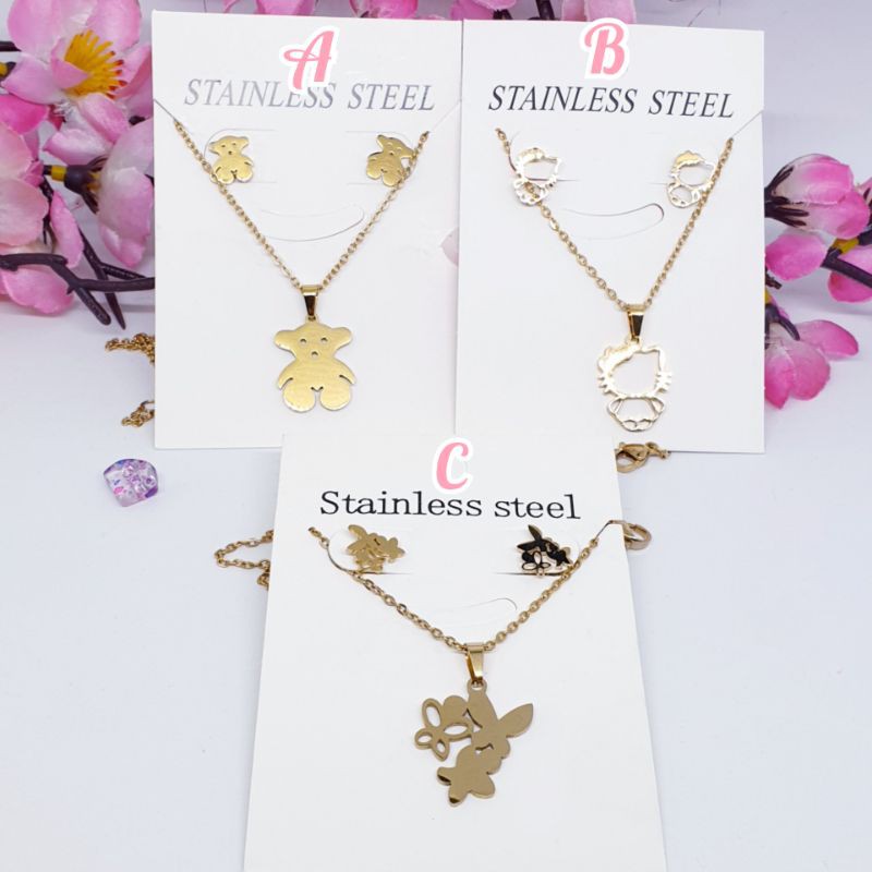 Set Kalung anak + Anting Titanium Asli Lucu Teddy Anti Karat &amp; alergi