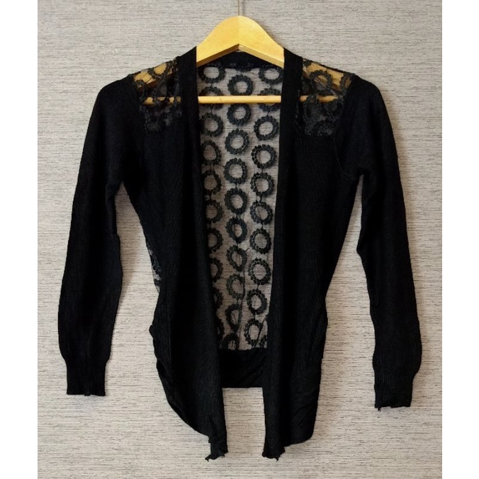 Atasan import lengan panjang Sweater / Cardigan rajut hitam kombinasi brokat