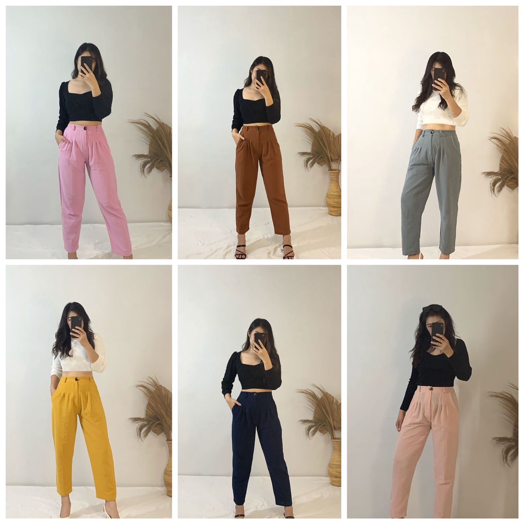 JOSHIN Celana wanita kulot polos kancing highwaist 03 - kulot pants seoul