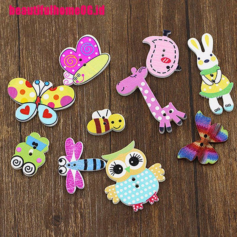 50pcs Kancing Kayu Motif Kartun Hewan Campur Untuk Diy Menjahit / Scrapbook