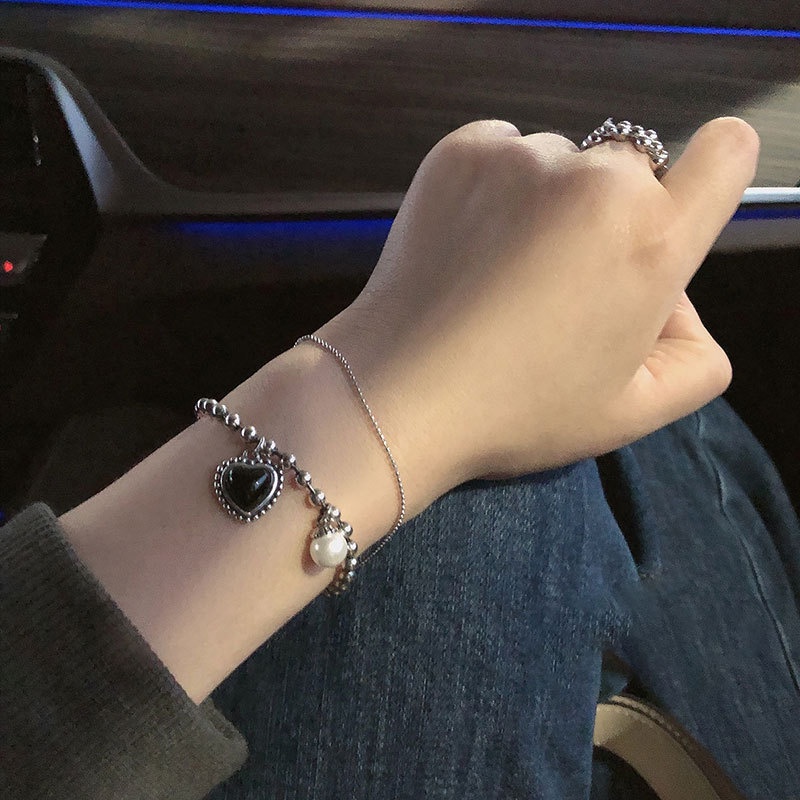 Gelang Onyx Bentuk Hati Warna Hitam Gaya Korea