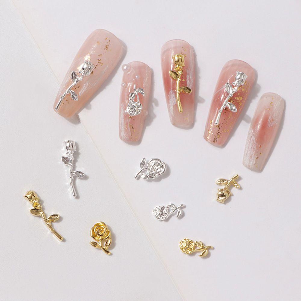 Needway  Kuku Bunga Dekorasi Logam 5pcs Perak Glitter Diy Nail Art Perhiasan Floral 3D Manicure Accessoires