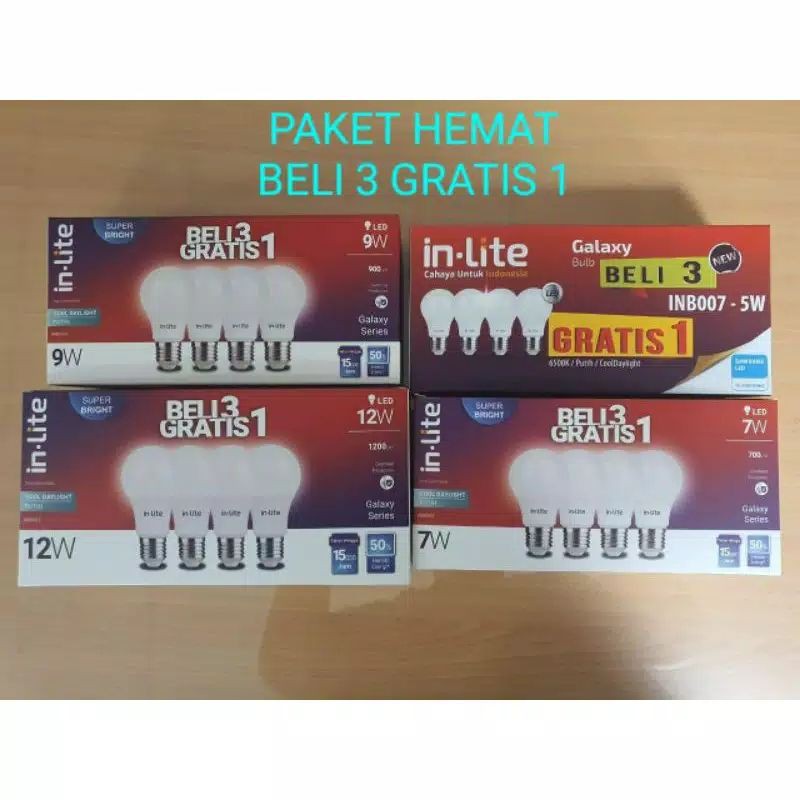 LAMPU LED INLITE  3 GRATIS 1 / BOHLAM INLITE  LED 3 FREE 1 / IN LITE PAKET BELI 3 + 1/ 5WATT / 7WATT / 9WATT / 12WATT / 15WATT &amp; 18WATT / Lampu Paket Hemat / Lampu LED Paket / Lampu Led paket / Lampu Inlite 3 free 1 / Lampu Led / Bohlam LED