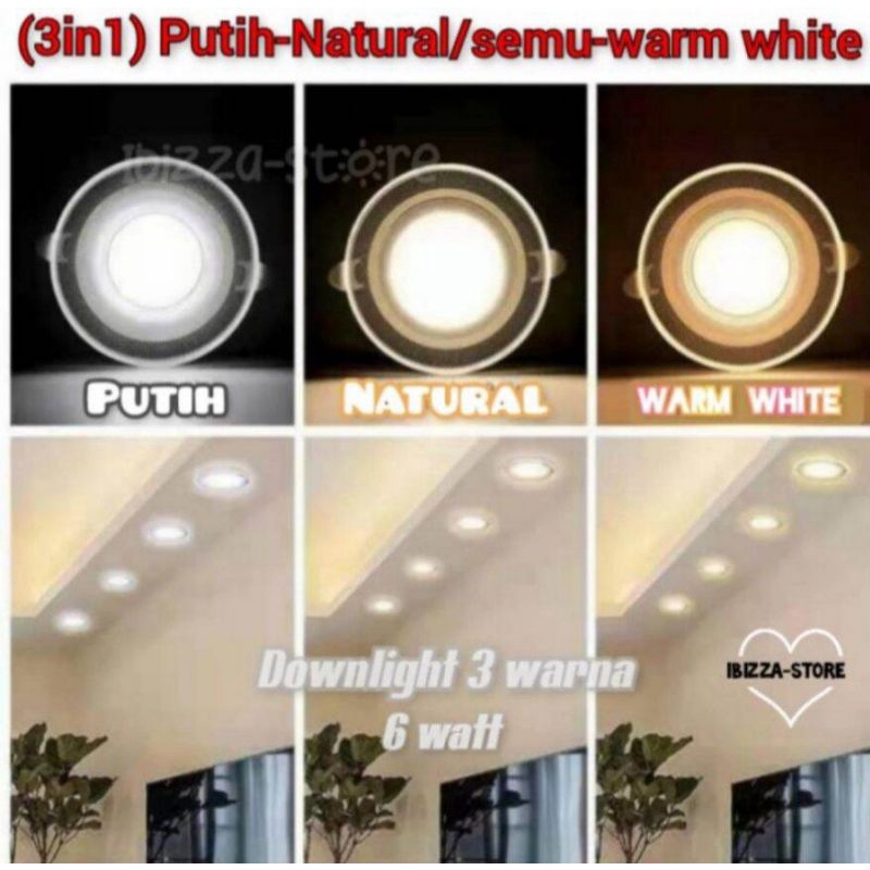 Lampu Downlight Plafon 6 Watt 3 Warna Sinar Kuning / Warm White Biru Ungu Pinggir List Bening-IBZ