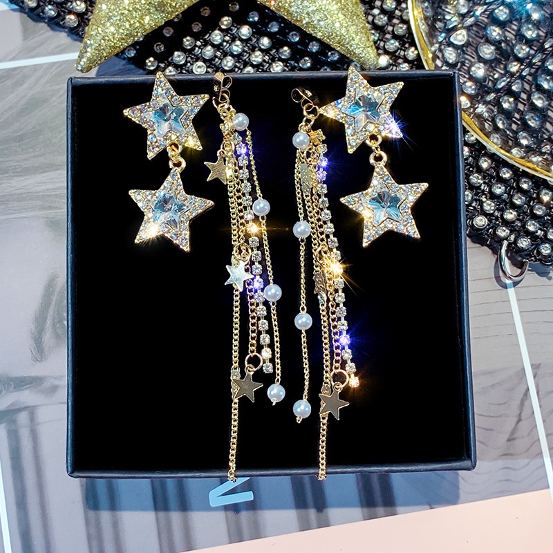 Anting s925 silver needle Bentuk pentagram Aksen Kristal Mutiara Rumbai Gaya Korea Untuk Wanita