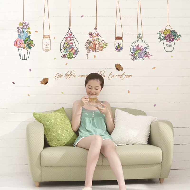 RELIZA WALL STICKER POT TANAMAN GANTUNG KEBUN HANGING KITCHEN STIKER DINDING SK7057