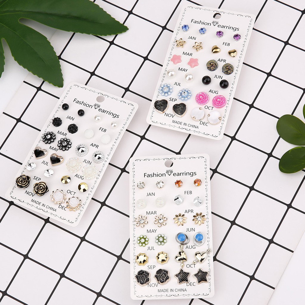 12 Pasang / set Anting Tusuk Aneka Bentuk Warna-Warni Untuk Wanita