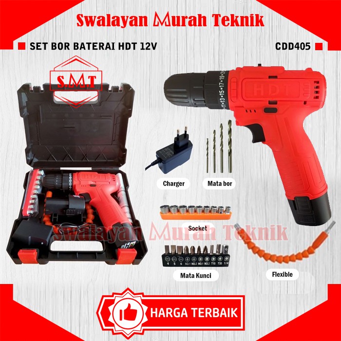 Jual Bor Baterai HDT CDD405 Cordless 12v Set Mata Bor Charger Drill 12 ...