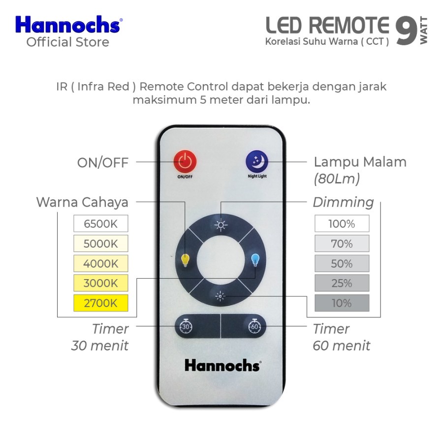 Lampu LED Hannochs 9 Watt + Remote Control - CCT / 3 Warna