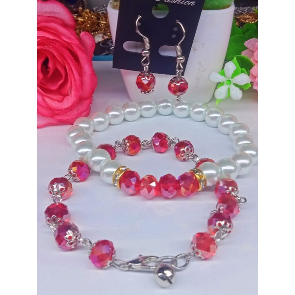 gelang kristal satu set  lapis emas putih bonus anting dan gelang mutiara
