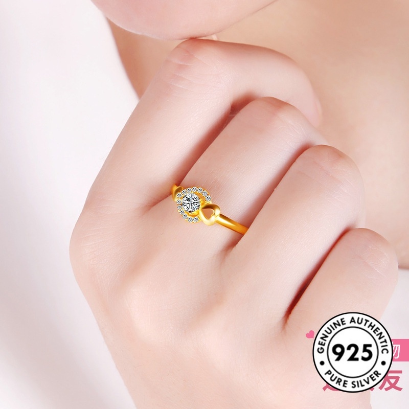 Cincin Bentuk Hati Aksen Berlian Bahan S925 Silver Gold Plated