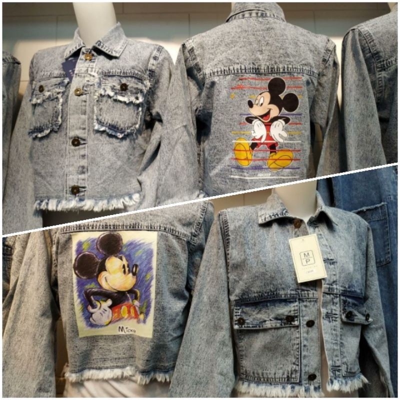 Jaket Jeans Crop Wanita Outer Outwear Denim Motif Mickey Mouse Adem Import Murah Best Seller Cantik