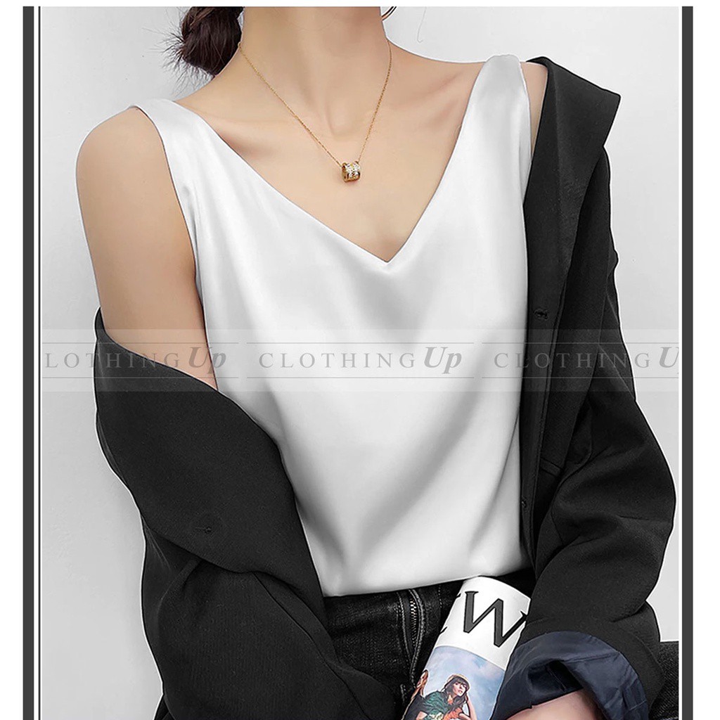 Blouse V-neck Tanpa Lengan Bahan Satin Baby Silk