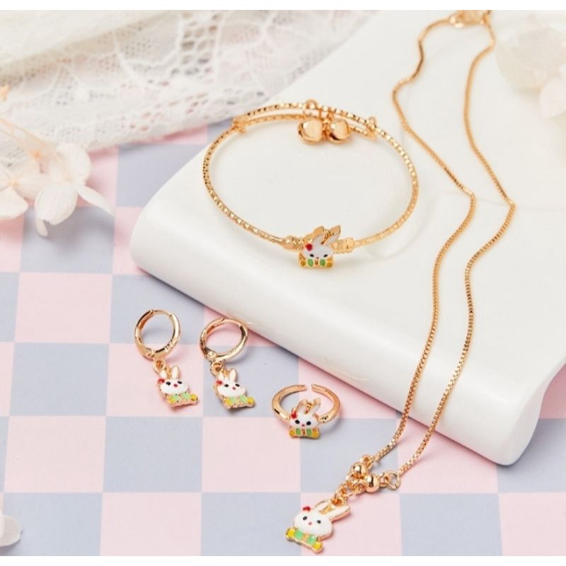Set Perhiasan Anak Titanium Anti Karat Kelinci Set Gelang Anak Lucu Perempuan Set Kalung Anak Kelinc