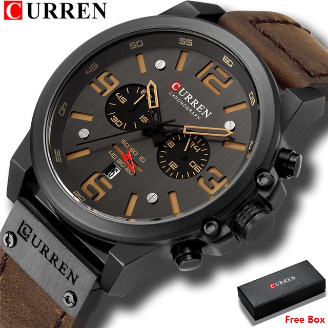 CURREN 8314 Jam Tangan Pria Analog Tali Kulit Chronograph Aktif Pria Militer Tahan Air Jam Kuarsa